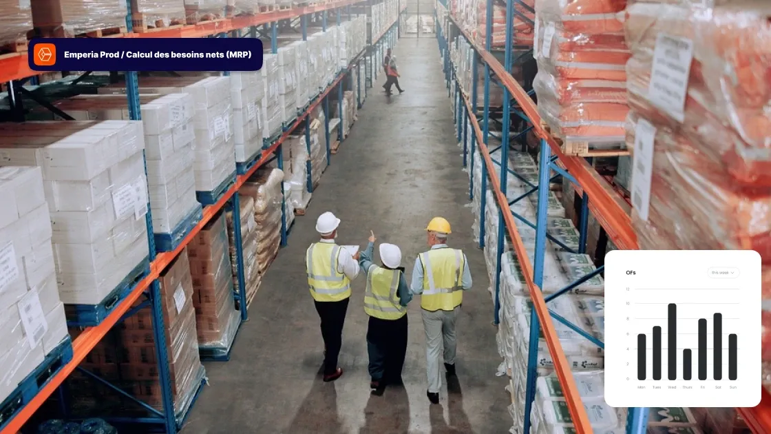 Interface intuitive affichant l’état des stocks, besoins nets, réservations OF et alertes sur ruptures ou surstocks.