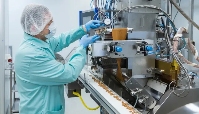 Schéma d'une ligne de production industrielle montrant la traçabilité des lots et la GPAO pour les industries chimique et biotechnologique.